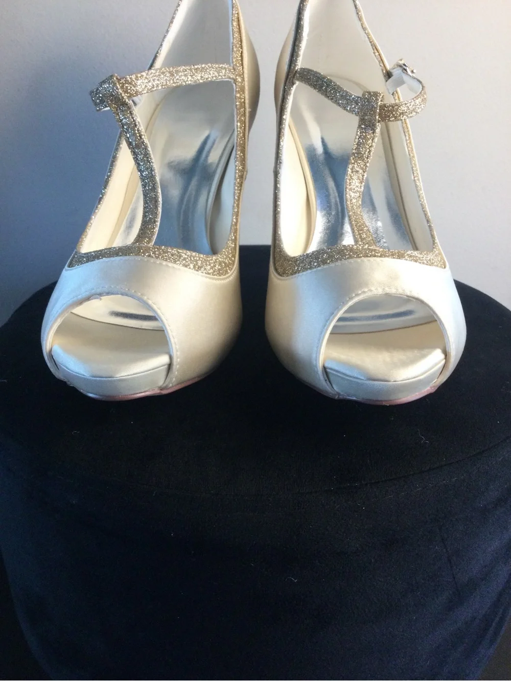 Elegant Ivory Peep-Toe T-Strap Heels with Gold Glitter Trim